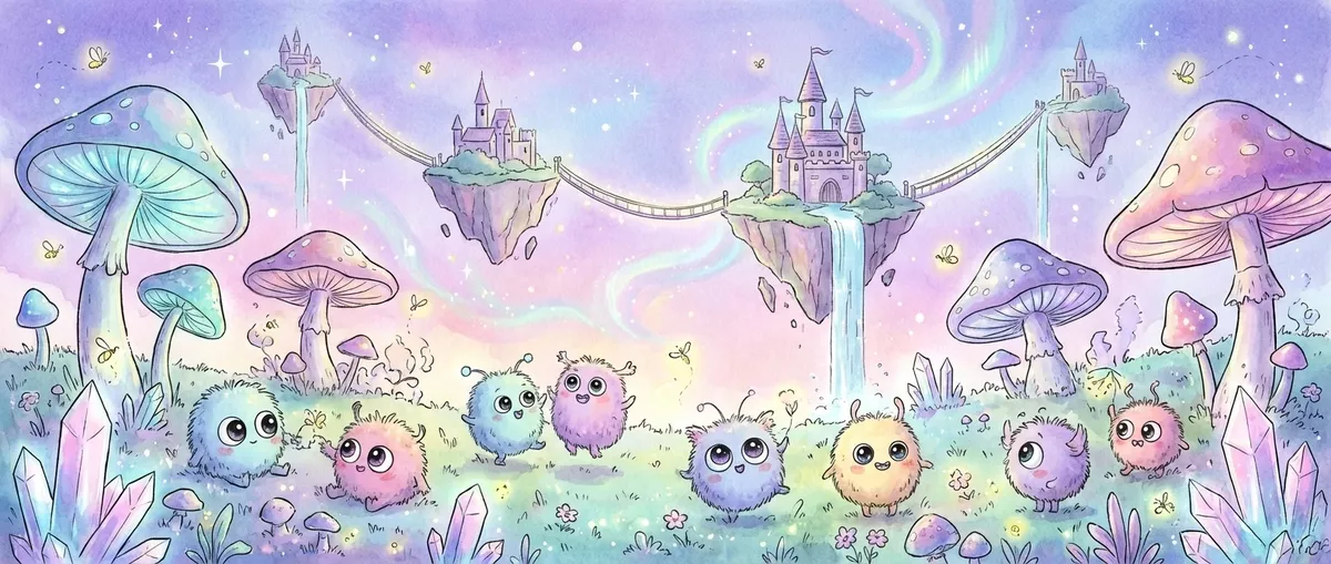 Whimsical creatures in a magical meadow with floating islands
