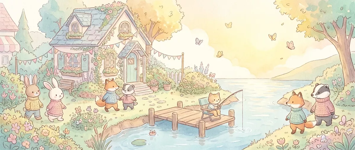 Cozy island village with decorated cottages and flower gardens