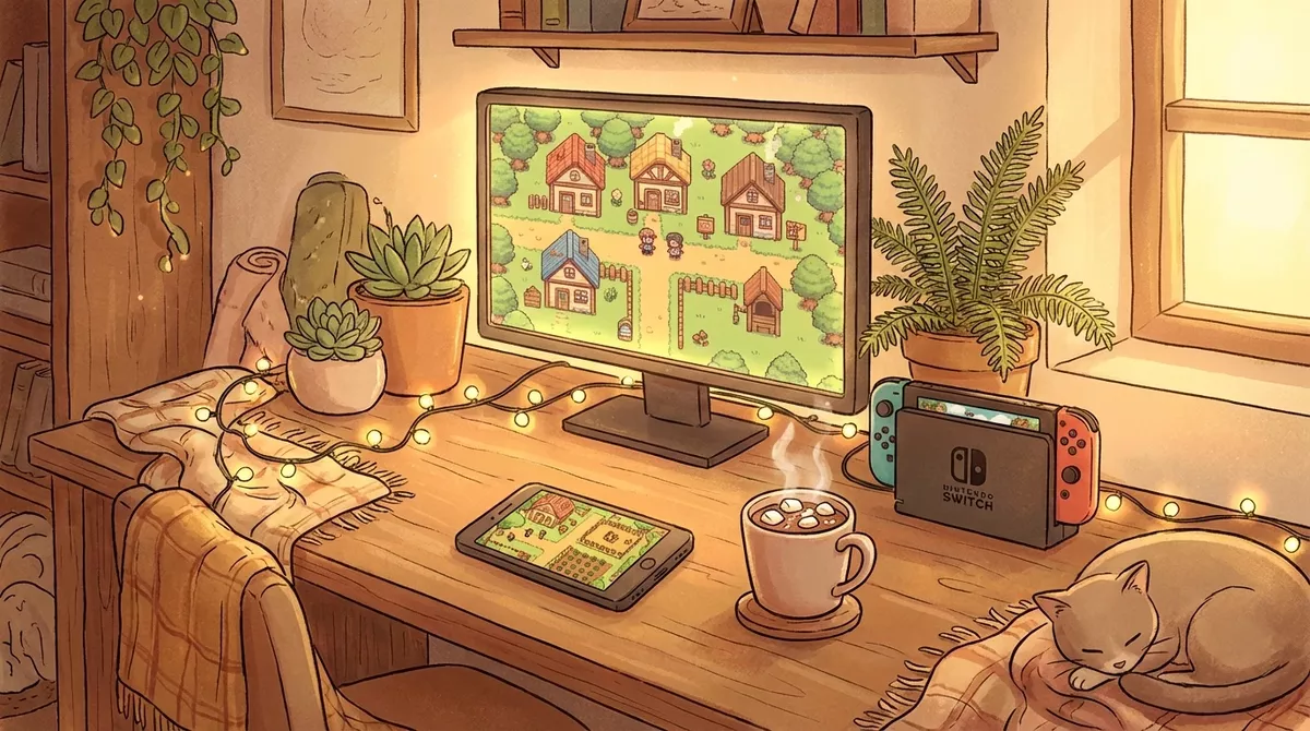 Cozy gaming setup with multiple devices playing life sim games