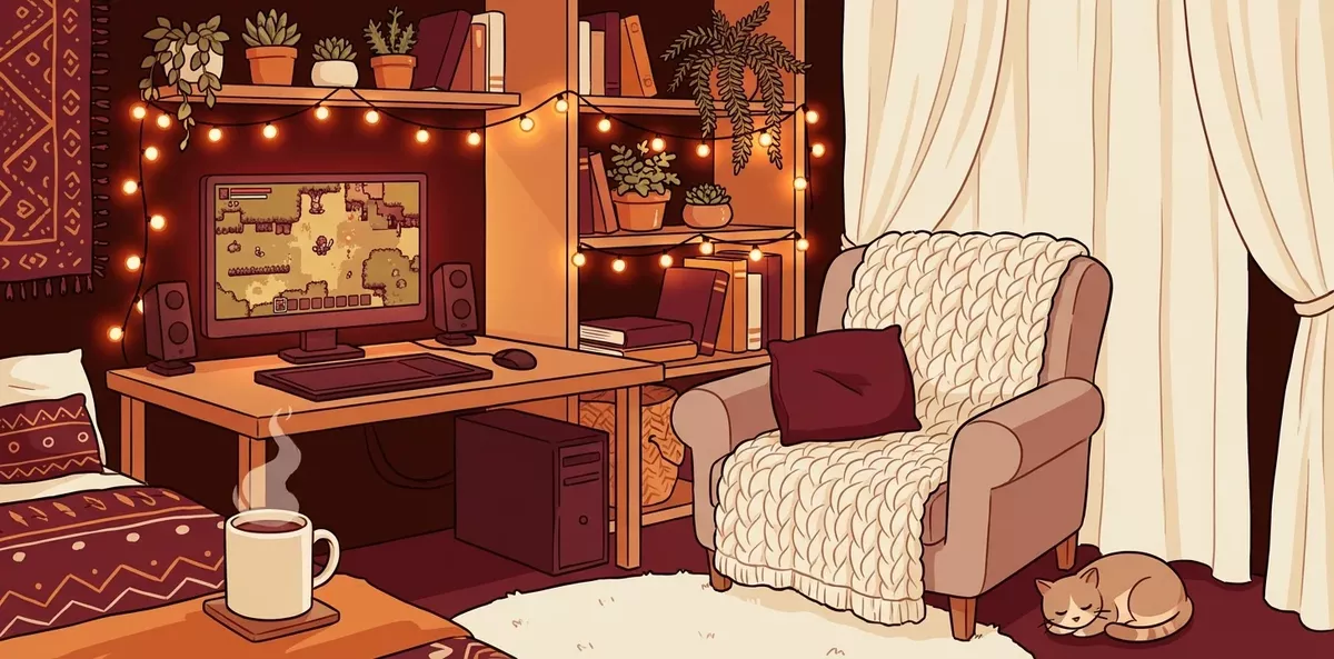 Cozy gaming setup with warm lighting